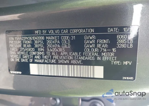 2016 Volvo Xc90 T6 Momentum из США, поврежденный, VIN YV4A22PK9G1040998